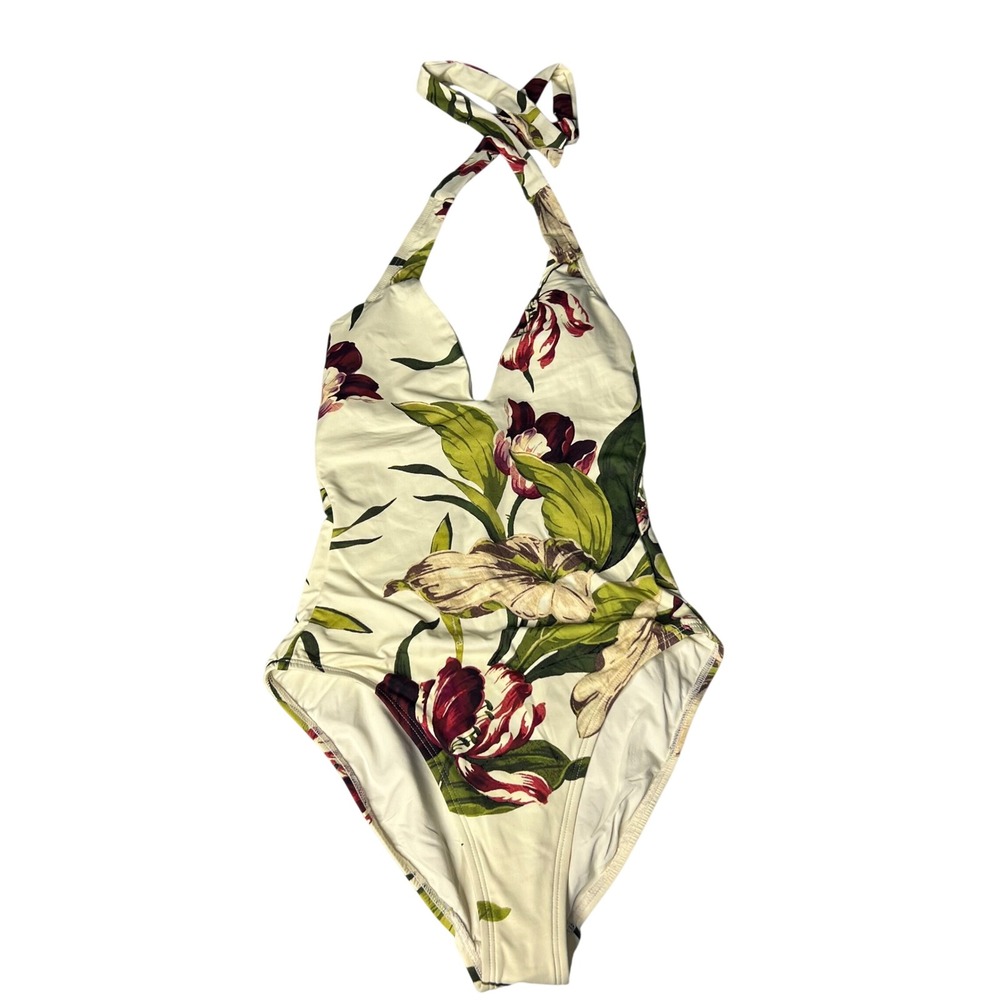 Robin Piccone Moana Floral Plunge One Piece Halter Swimsuit Tropical NEW - Picture 2 of 14